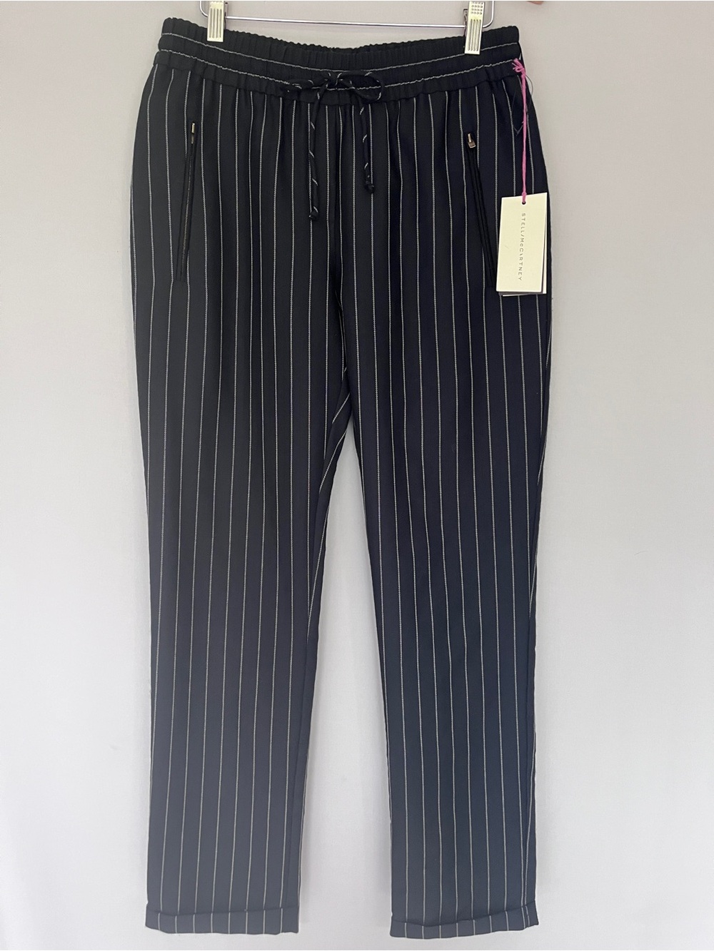 Stella McCartney NWT Black Wool Blend Pinstripe Drawstring Trousers 40